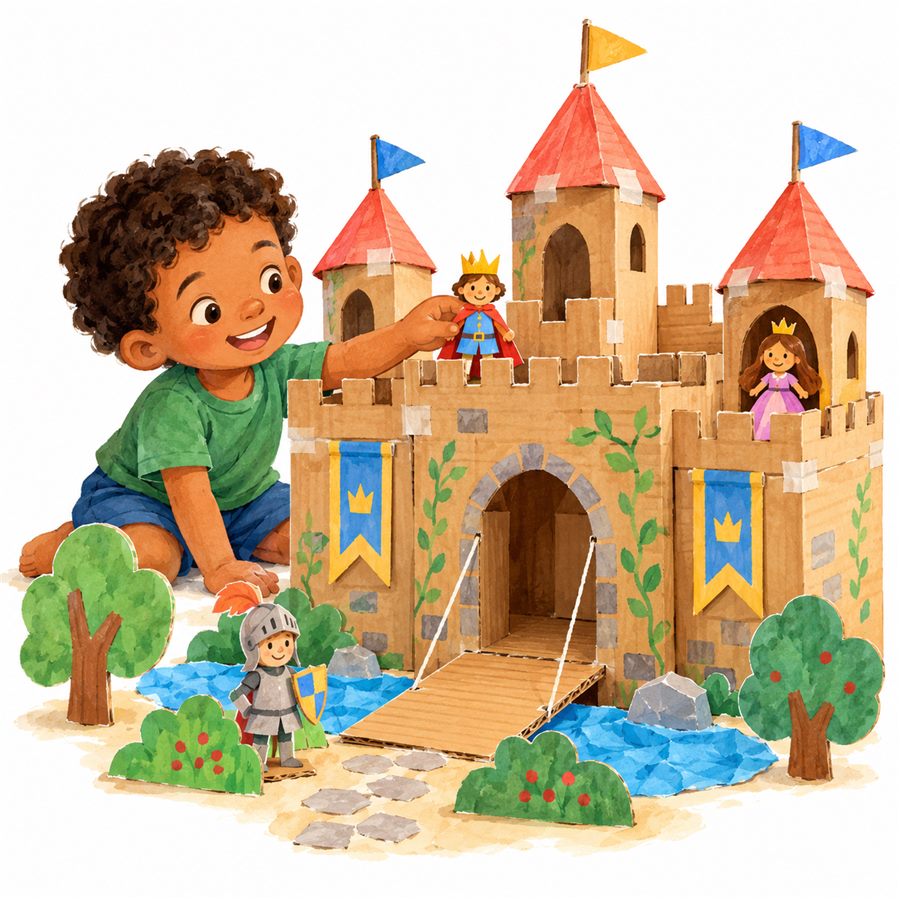 Página do guia com o passo a passo ilustrado do Castelo de papelão