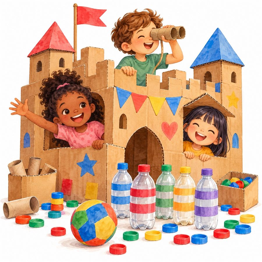 Capa do guia Brinca Sem Tela com brinquedos caseiros ilustrados